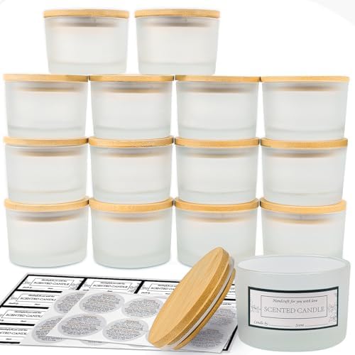 CONNOO 15 Pack 4oz Frosted Glass Candle Jars with Airtight Bamboo Lids