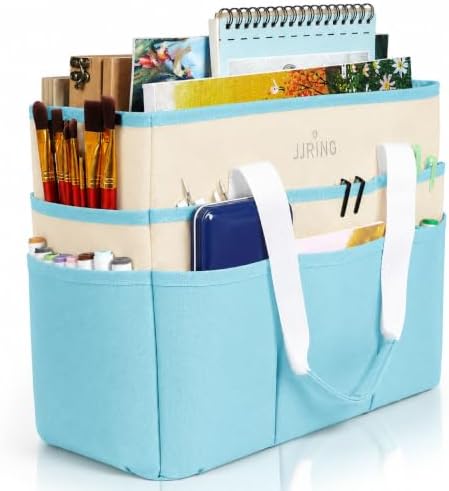 JJRING Craft Organizer Tote Bag Large Art Storage Caddy Sky Blue and Beige | With Multiple Pockets For Sewing, Scrapbooking, School, Medical, And Office Supplies