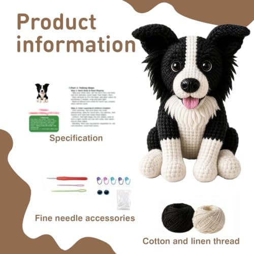 FACE N FACE DIY Crochet Border Collie Dog Kit for Beginners–Amigurumi Stuffed Dog Knitting Kit with Yarn, Hook, Safety Eyes & Step-by-Step Instructions–Easy Beginner Crochet Craft for Dog Lovers