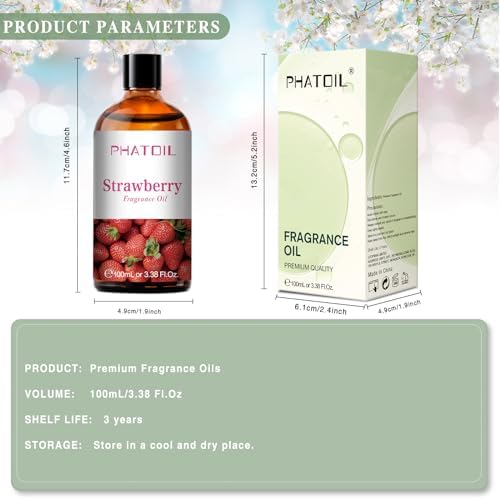 PHATOIL Strawberry Fragrance Oil for Diffuser Aromatherapy 3.38FL.OZ | Long Lasting Scented Oils For Humidifier, Air Freshener, DIY Soap Candle, Scent Project Making, Aroma Oil for Home Freshening