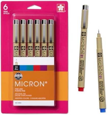 Sakura Pigma Micron Fineliner Pens, Assorted, 01 Tip, 6 Count