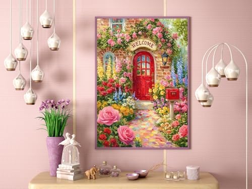 Welcome Spring Flower Diamond Art Kits for Adults, Diamond Painting Kits for Adults for Beginners, DIY Diamond Dots Art Kits, 5D Full Round Drill Gem Art Painting Kits for Home Wall Decor, 12x16in