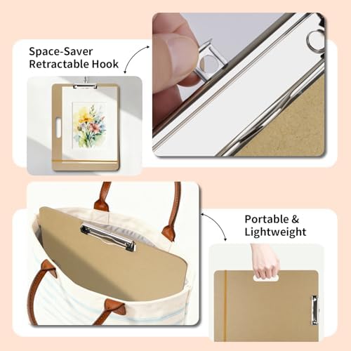 13" x 17" Art Drawing Board with Clip, Watercolor Painting Sketch Pad | Portable Lightweight Wooden Large Clipboard, with Handle Rubber Band, for Artist Sturdy Art Easel for Studio, Indoor Outdoor