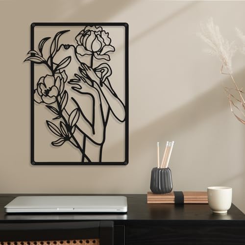 CHENGU 3 Pieces Metal Minimalist Abstract Woman Wall Art Line Drawing Wall Art Decor Single Line Female Home Hanging for Kitchen Bathroom Living Room