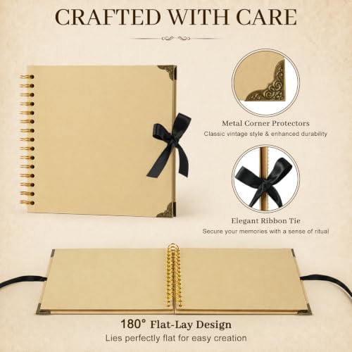 Scrapbook Photo Album 8"x8" 30 Sheets 60 Pages Kraft Paper Ribbon Closure