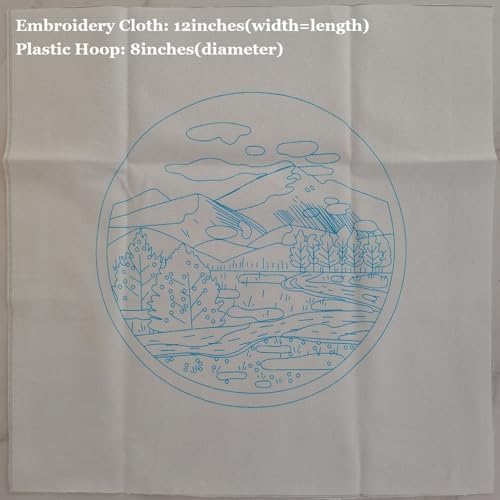 Esffaci Embroidery Starter Kit for Adult Beginner with Mountain Landscape Tree Flower Scenery Pattern Hand Embroidery Set with Embroidery Cloth Floss Hoop Needle Threader and Instruction