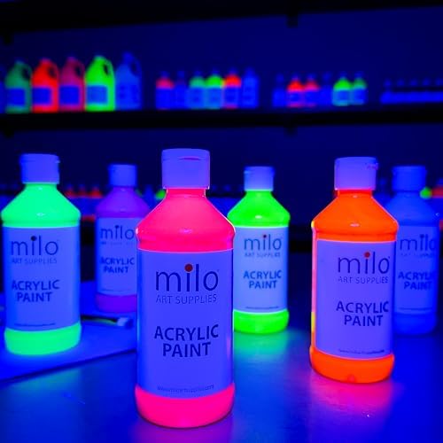 milo Fluorescent Acrylic Paint Set of 6 Colors | 8 oz Bottles | Student Neon Colors Acrylics Painting Pack | Glows UV in Black Light | Non-Toxic Arts & Crafts Paints for Artists & Hobby Painters | Made in USA