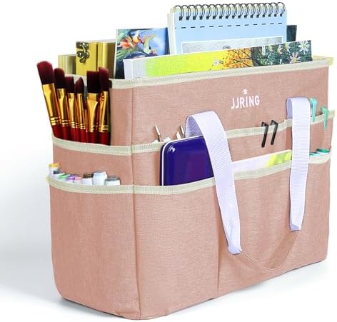 JJRING Craft Organizer Tote Bag Large Art Storage Caddy Beige | With Multiple Pockets For Sewing, Scrapbooking, School, Medical, And Office Supplies