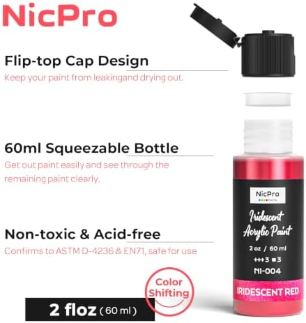 Nicpro 20 Colors Iridescent Acrylic Paint Set,2oz Chameleon Metallic Paint | Color Shifting Glitter Craft Paint, Non-Toxic DIY Art Painting Supplies,Paint Kit for Canvas Rocks Wood Glass Ceramic Fabric