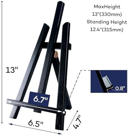 Artkey Black Wooden Display Easel Stand, 13 Inch Folding Tabletop A-Frame Mini Easels for Canvas, Photos, Wedding Signs & Menus, Solid Radiata Pine Wood, 2 Pack