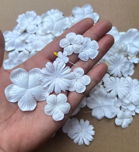 100 Pcs Handmade Mixed Flowers Mulberry Paper Flowers 18 mm - 1.5 Inch Scrapbooking Wedding DIY Craft Supplies Card. (Mixed Flowers White..)