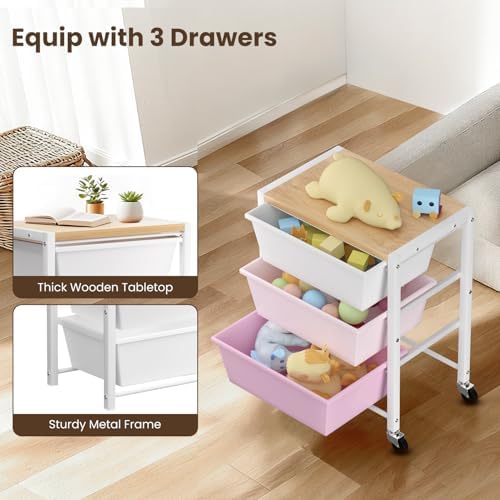 Rolling Cart with 3 Drawers, Plastic Drawer Storage Carts with Lockable Wheels & Wooden Tabletop, Metal Utility Cart Organizer, Office Bedroom Classroom Craft Organization and Storage, Bright Pink