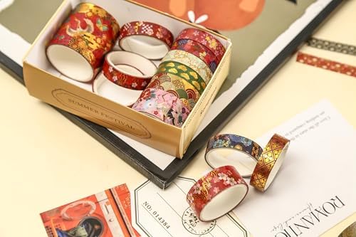 15 Rolls Japanese Sakura Washi Tape Set, Traditional Kimono Decorative Masking Tapes with Gold Foil, Cherry Blossom Arts for Craft, Scrapbook, DIY, Gift Wrapping (1-Sakura Court Splendor)