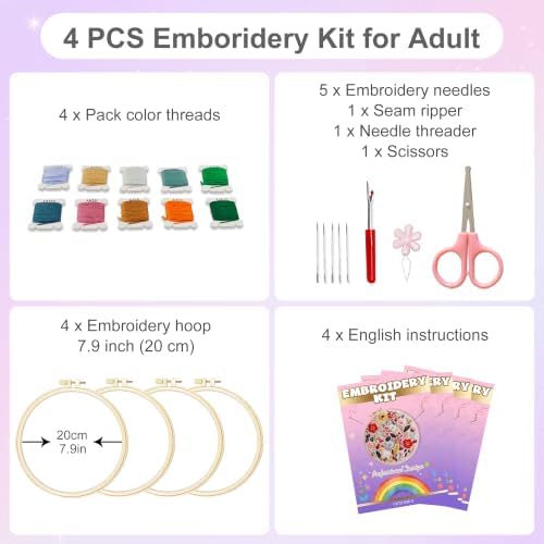 Huacan Embroidery Kit for Adults Beginners with 3 Hoops & Gift Box