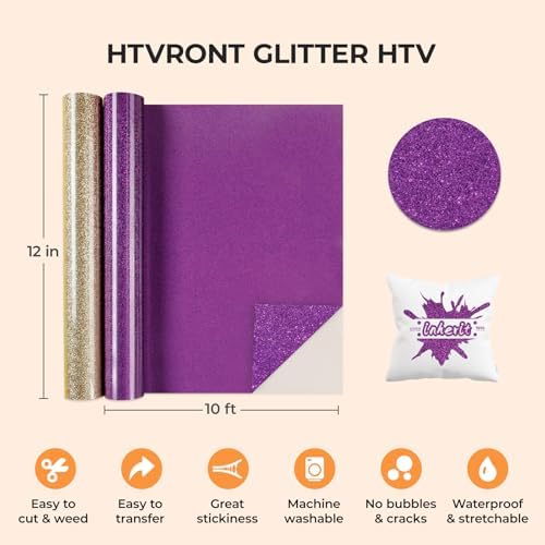 HTVRONT Glitter HTV, 12" x 10ft Purple Glitter HTV Heat Transfer Vinyl