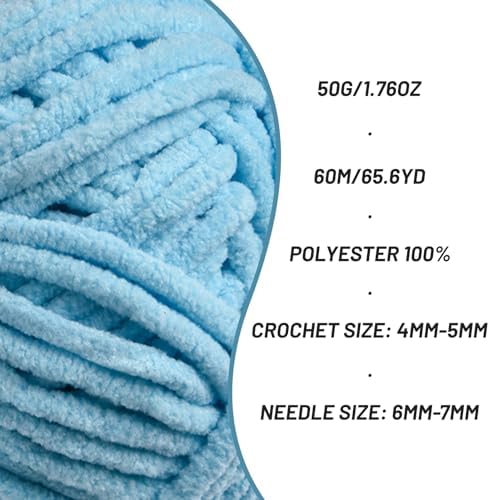 Plush Chenille Chunky Crochet Yarn - Baby Yarn for Crocheting Soft - Velvet Yarns Knitting for Blankets Crafts - Fluffy Amigurumi Yarns 50g / 65.6yd (Azure)