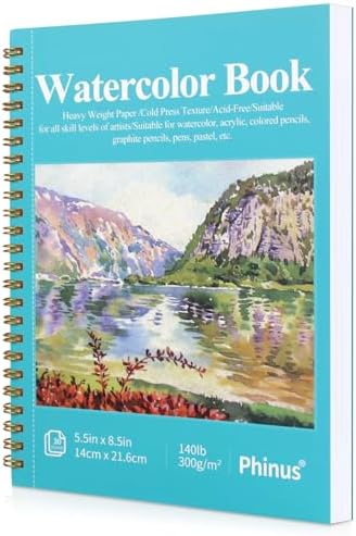 Phinus 30 Sheets Watercolor Sketchbook 5.5 x 8.5 Inch, Watercolor Paper Cold Press (140lb/300gsm), Spiral Bound Water Color Pad for Adults Kids, Mixed Media, Markers and Art Journaling