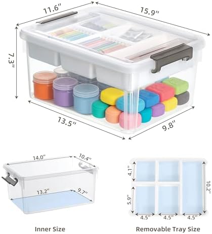 17 Qt Craft Organizers and Storage with Removable Tray and Divider, Clear Craft Storage Box, Stackable Art Supply Organizer for Painting, Coloring Book & Playdoh Storage, 1 Pack