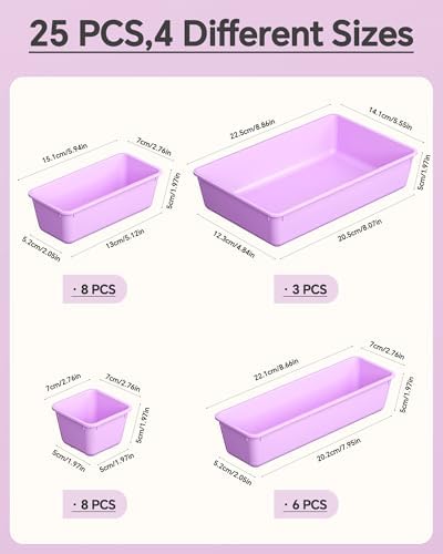 KEMETHY 25 PCS Plastic Drawer Organizers Set, 4 Sizes Vanity Organizer, Makeup and Desk Drawer Organizer Trays, Organization and Storage for Makeup, Bathroom, Kitchen Utensils and Office (Purple)