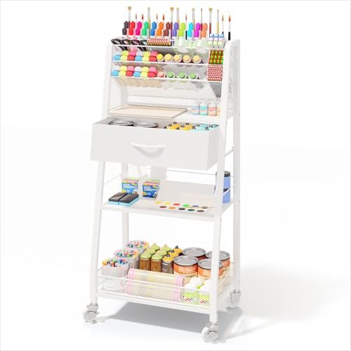 Homsorout 3 Tier Rolling Cart - Metal Utility Cart with Storage Drawer and Wheels, Versatile Art & Craft Organizer for Home, Office, or Studio - Ideal for Storing Brushes, Paints, and Supplies（White）