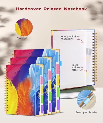 Hardcover Spiral Notebook journal with Removable Dividers Tabs, 300 Pages 5 Subject Notebook College Ruled, 100GMS Notebooks for Work School Note taking,Lined Journal for Women,A5 Colorful Feather