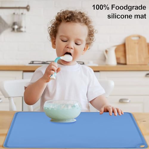 Standard Silicone Table Placemat-Food Grade Kids Dinner Placemat Reusable Countertop Mats Dough Pad with Raised Edges Blue Silicone Mat Heat Resistant for Air Fryer (1Pack 23.6'' x 15.7'')