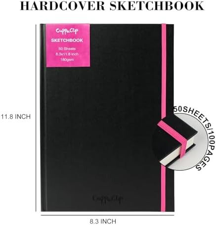 CuppaClip Sketch Book Hardcover Drawing Pad 300GSM Acid-Free Paper Spiral Bound Sketchbook 50 Sheets/100 Pages Art Supplies (Hardcover, 8.3x11.8in)