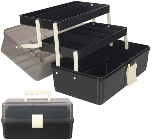 WEWLINE 13-Inch Art Storage Box 3-Layers Plastic Storage Box with Handle Craft Art Bin Portable for Home School Office Travel, Black