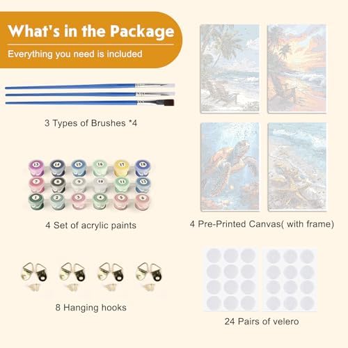 NEWENMO 4 Pack Paint by Numbers for Adults with Wooden Framed, Beach Sunset, Paint by Number Kits on Canvas for Beginner, DIY Acrylic Oil Painting Kits for Home Decor 8x12 inch, Sea Turtle