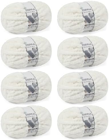 Cozyful Chunky Yarn for Hand Knitting, #9 Thick Jumbo Big Chunky Yarn for Crocheting, Super Chunky Knit Blanket Yarns, Large Chunky Chenille Yarns, 8 Pack (30 yds 8 oz Each Skein), Cream
