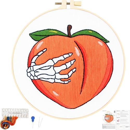 Hand Bone Embroidery Kits for Beginners Adults, Peach Embroidery Starters Kits, Halloween Stamped Cross Stitch Kits DIY Needlepoint Kits for Beginners Adult, Embroidery Hoop, Thread and Video Tutorial