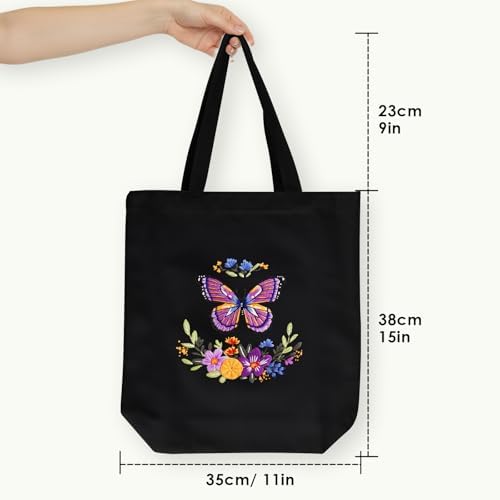 ERKOON Canvas Tote Bag Embroidery Kit for Beginners, Needlepoint Arts Crafts Cross Stitch Kits for Adults Including Stamped Embroidery Bag with Hoops, Needle, Instruction and Color Threads (Butterfly)