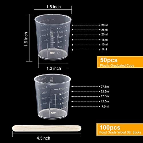 Coopay 50 Pack 30ml/1oz Plastic Graduated Cups Transparent Scale Clear Epoxy Mixing Cup with 100 Pack Wooden Stirring Sticks for Resin, Epoxy, Stain, Mixing Paint