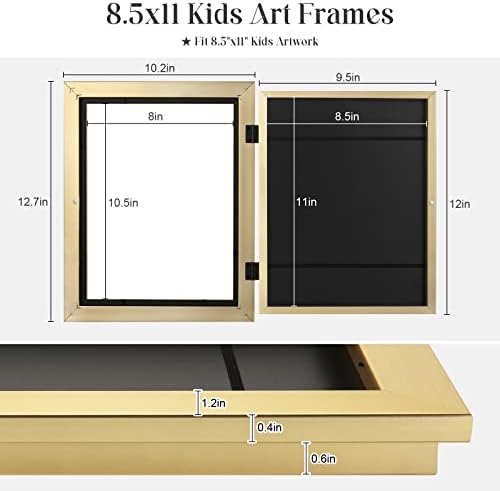 [2-Pack] Kids Art Frames, 8.5x11 Front Opening Kids Artwork Frames Changeable, Gold Artwork Display Storage Frame for Wall, Holds 50 Pcs, for 3D Picture, Crafts, Children Drawing, Hanging Art,