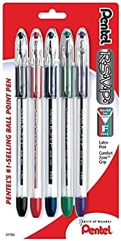 Pentel RSVP Ballpoint Pen, Fine Line, (0.7mm), Assorted Ink, Pack of 5 (BK90BP5M)