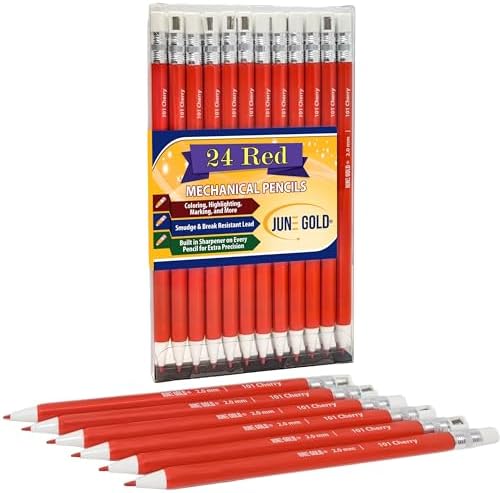 June Gold 24 Red 2.0 mm Mechanical Pencils/w Red Leads & Rear Sharpener