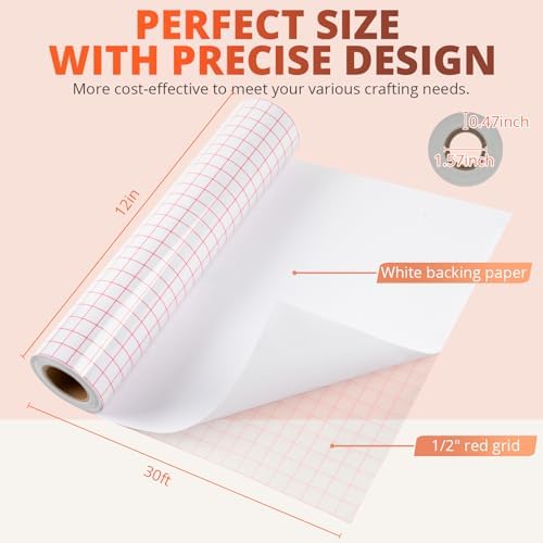 HTVRONT Transfer Tape for Vinyl, 12" x 30 Feet, Red Grid, Medium Tack