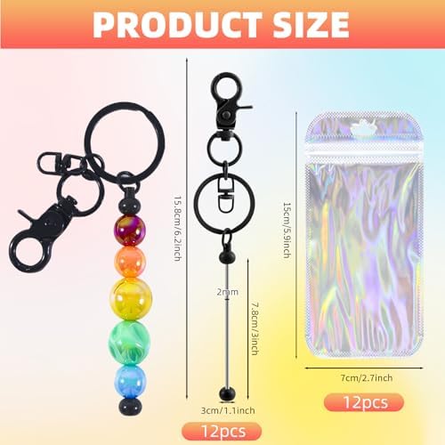 24 Pcs Beadable Keychains Bars bulk - 12 Black DIY Metal Beaded Keychain Making Kit + 12 Bags Included, Bead Keychain Supplies,Blank Key Chain, Perfect for Women, Men, Mother's Day, Birthday Gift