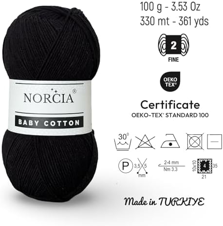 Baby Cotton, 55% Cotton 45% Acrylic Yarn, Fine/Sport (2) for Crochet and Knitting, Soft Amigurumi Yarn, 100 gr (361 yds)