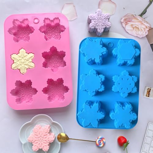 2 Pcs Snowflake Silicone Candle Soap Molds for Christmas Baking Chocolate Candy Cake Pan Cookie Jelly Muffin Ice Cube Trays Baking Moulds DIY Bath Bomb Molds Decoration (Blue Pink)