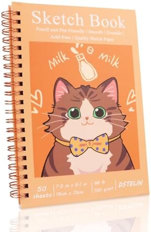 DSTELIN 1 Pack Spiral Bound Sketchbooks (100 GSM Sketch Paper), 50 Sheets per Pack, 7.5" x 5.1" Sketchbook with Yellow Hard Cover for Painting, Drawing and Sketching