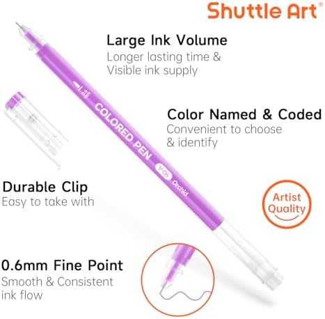 Shuttle Art Colored Pens, 24 Pink & Purple Tone Colors Cute Journal Pens 0.6mm Fine Point Colored Gel Pens for Black Paper Adult Coloring Writing Drawing Journaling Note Taking School Office Home