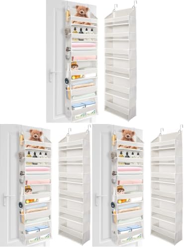 ULG Over The Door Organizer with 6 Large Pockets 12 Side Pockets, 50lbs Weight Capacity Door Hanging Organizer for Bedroom, Bathroom, Pantry, Nursery Storage, Beige (Pack of 3)