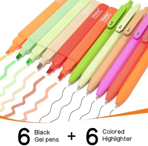Vitoler Black Gel Pens and No Bleed Highlighters，12 Pack，Fast Drying | Smooth Writing Pens for Teacher Nurse Bible Journaling Planner Supplies