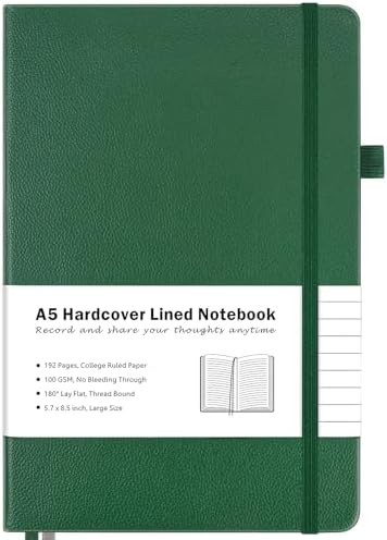 MALEDEN Notebook, A5 Hardcover Leather Notebook for Work, Notebook Journal for Women, Men, 192 Thick Paper, Large Notebook with Pockets, Professional Business Notebook (College Ruled, Green)