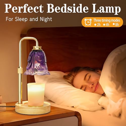 XJZJY Purple Flower Candle Warmer Lamp with Timer, Elegant Gifts for Women | Dimmable wax melt warmer with 2 bulbs for jar candles, height adjustable, Purple tulip design, home decor, housewarming gifts