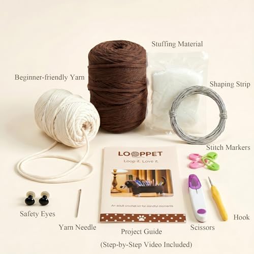LOOPPET Crochet Dachshund Kit for Beginners, Wiener Dog Gifts for Women, DIY Dog Crochet Kit with No-Fray Yarn & Step-by-Step Video Tutorials, Cute Pen Holder Desk Decor