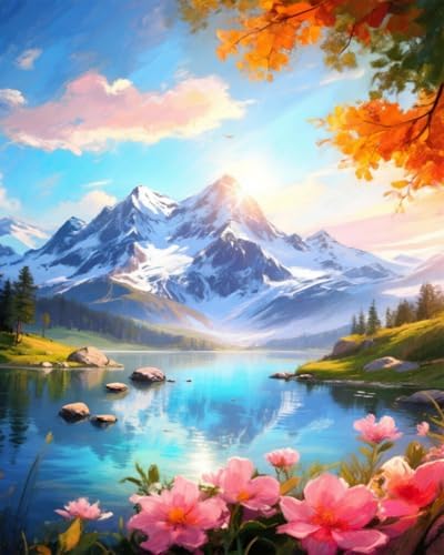 MBNTJHT Mountain Paint by Numbers Kit for Adult Beginners,Landscape Paint by Number Kits for Adults,DIY Lake View Acrylic Watercolor Painting Art Kit Crafts for Home Decor Gifts 16X20 Inch.