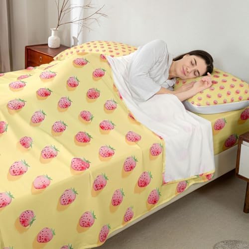 Cute Strawberry Pattern Bed Sheet Set Queen Size Pink Cute Fruit Theme Mattress Cover Rustic Warm Style Sheets for Boys Girls Bedroom Yellow with Flat,Fitted Sheet Pillowcase 4Pcs