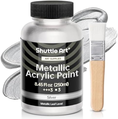 Shuttle Art Metallic Sliver Acrylic Paint, 8.45 oz (250 ml) Silver Leaf Paint With Brush, Non Toxic, Non Fading Silver Paint for Crafts, Metal, Wood, Clay, Ceramic, Canvas, Furniture
